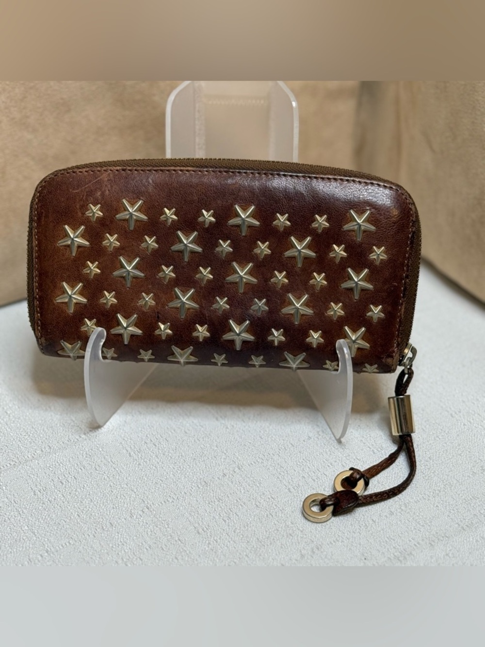 Jimmy Choo Brown Leather Star Stud Zip Around Wallet Italy